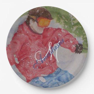 DOWN HILL SKIER PARTY MONOGRAM PAPER PLATES