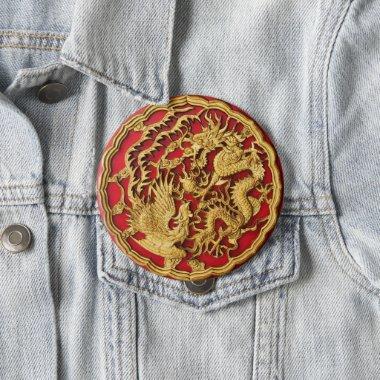 Dragon Phoenix Red Gold Chinese Wedding Favor Button