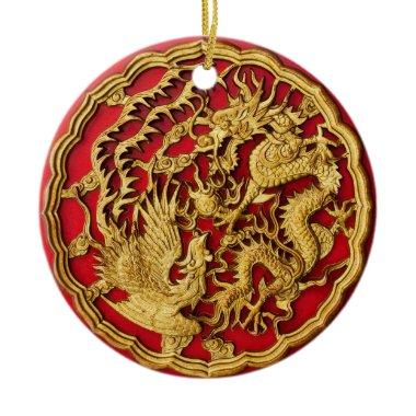 Dragon Phoenix Red Gold Chinese Wedding Favor Ceramic Ornament