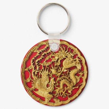 Dragon Phoenix Red Gold Chinese Wedding Favor Keychain