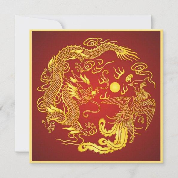Dragon Phoenix Red Gold Chinese Wedding Invitations