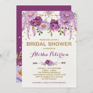 Dreamcatcher Purple Gold Floral Bridal Shower Invitations