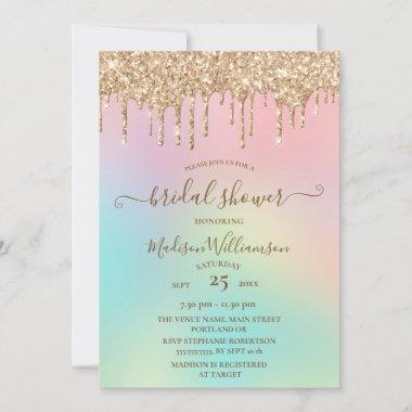 Dripping Gold Glitter & Rainbow Bridal Shower Invi Invitations