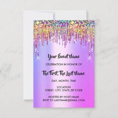 Drips Bridal Shower Sweet 16th Holograph Pink Invitations