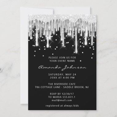 Drips Glitter Bridal Wedding Black Silver Gray Invitations