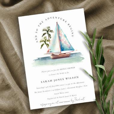 Dusky Teal Sailboat Palm Seascape Bridal Shower Invitations