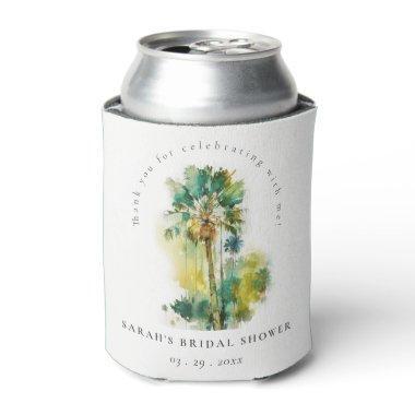 Dusky Tropical Watercolor Palm Trees Bridal Shower Can Cooler