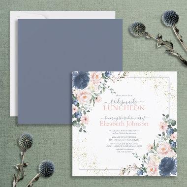 Dusty Blue Blush Pink Gold Floral Bridesmaid Lunch Invitations