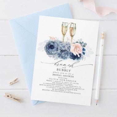Dusty Blue Elegant Brunch and Bubbly Bridal Shower Invitations