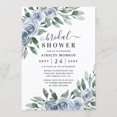 Dusty Blue Elegant Floral Boho Rose Bridal Shower Invitations
