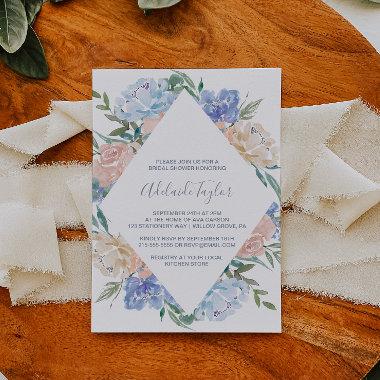 Dusty Blue Floral Diamond Bridal Shower Invitations