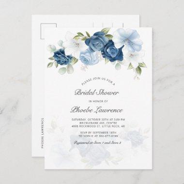 Dusty Blue Floral Greenery Bridal Shower Script Invitation PostInvitations
