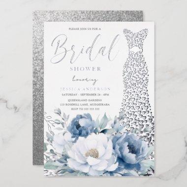 Dusty Blue Floral Silver Foil Dress Bridal Shower Foil Invitations