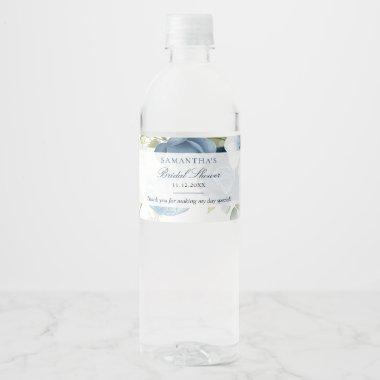Dusty Blue Floral Watercolor Script Bridal Shower Water Bottle Label