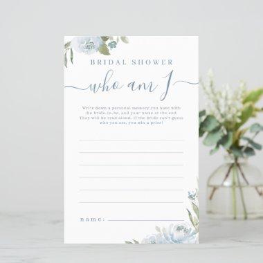 Dusty blue floral who am I bridal shower game