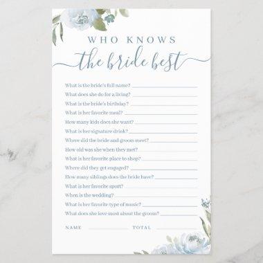 Dusty blue floral who knows the bride best game