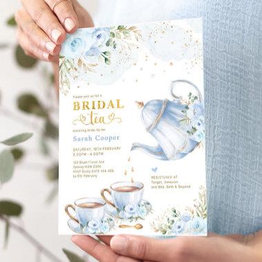 Dusty Blue Gold Floral Bridal Shower Tea Party Invitations