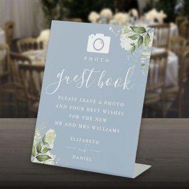 Dusty Blue Greenery Photo Guest Book Wedding Pedestal Sign