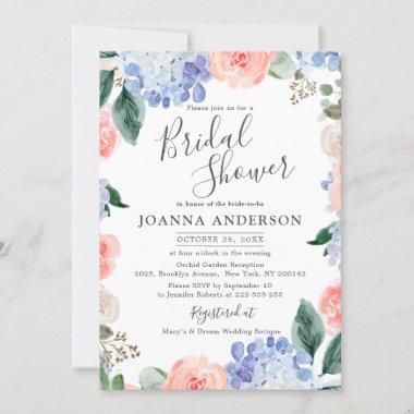 Dusty blue hydrangeas pink roses Bridal Shower Inv Invitations
