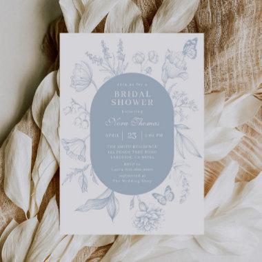 Dusty Blue Line Art Floral Butterfly Bridal Shower Invitations
