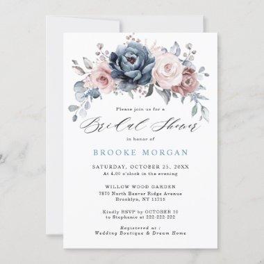 Dusty Blue Mauve Rose Pink Slate Bridal Shower Invitations