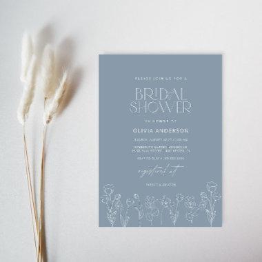Dusty Blue Modern Minimalist Floral Bridal Shower Invitations