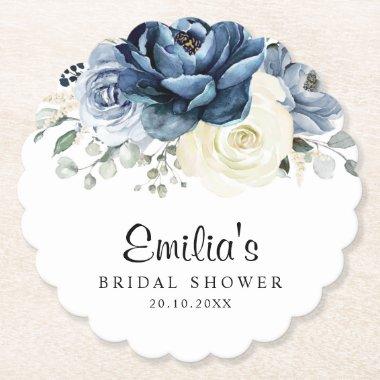 Dusty Blue Navy Champagne Ivory Bridal Shower Paper Coaster