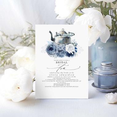 Dusty Blue Navy Flowers Elegant Bridal Shower Tea Invitations