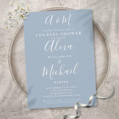 Dusty Blue Script Monogram Couples Wedding Shower Invitations