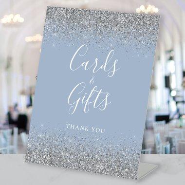 Dusty Blue Silver Glitter Wedding Invitations and Gifts Pedestal Sign