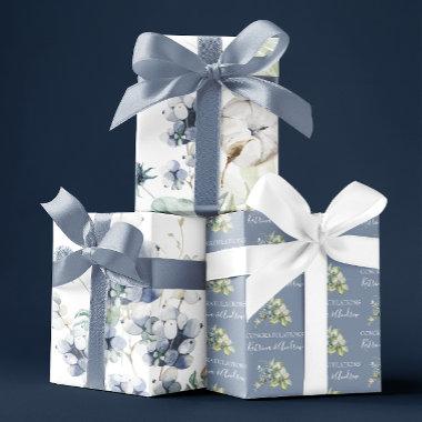 Dusty Blue Watercolor Floral Wrapping Paper Sheets