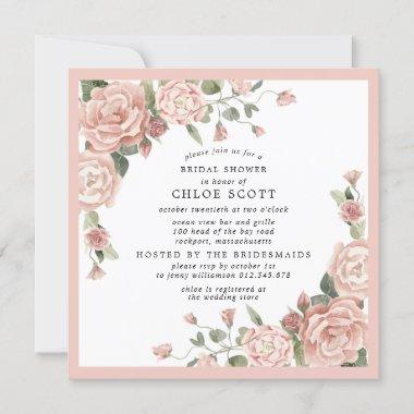 Dusty Pink Rose Floral Square Bridal Shower Invitations