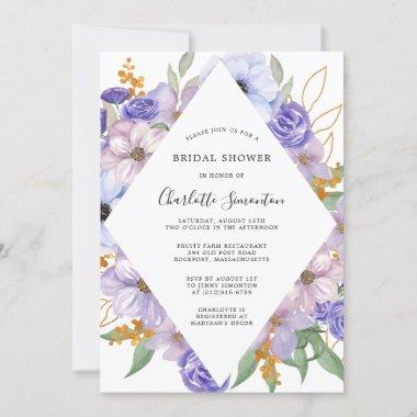 Dusty Purple Blue Floral Bridal Shower Invitations