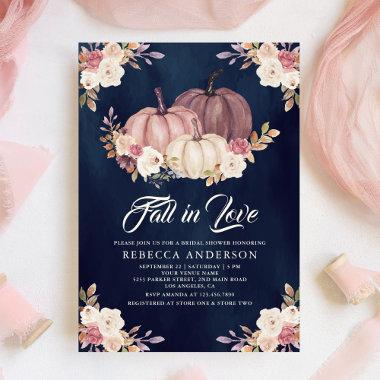 Dusty Rose Pink Pumpkin Floral Navy Bridal Shower Invitations