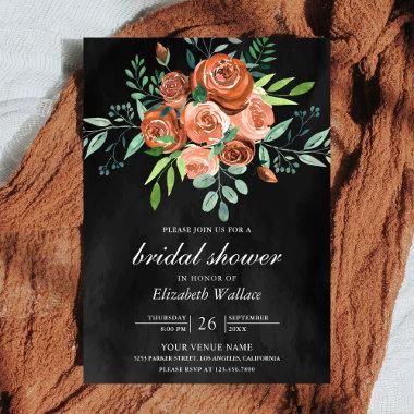 Earthy Burnt Orange Roses Dark Grey Bridal Shower Invitations