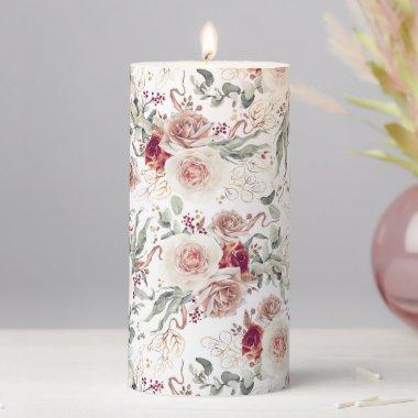 Earthy Floral Burgundy Red Terracotta Brown Boho Pillar Candle