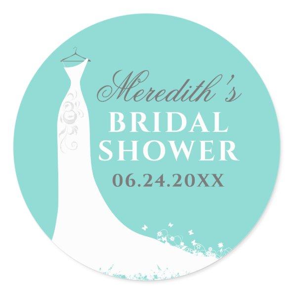 Elegant Aqua Blue Wedding Gown Bridal Shower Classic Round Sticker
