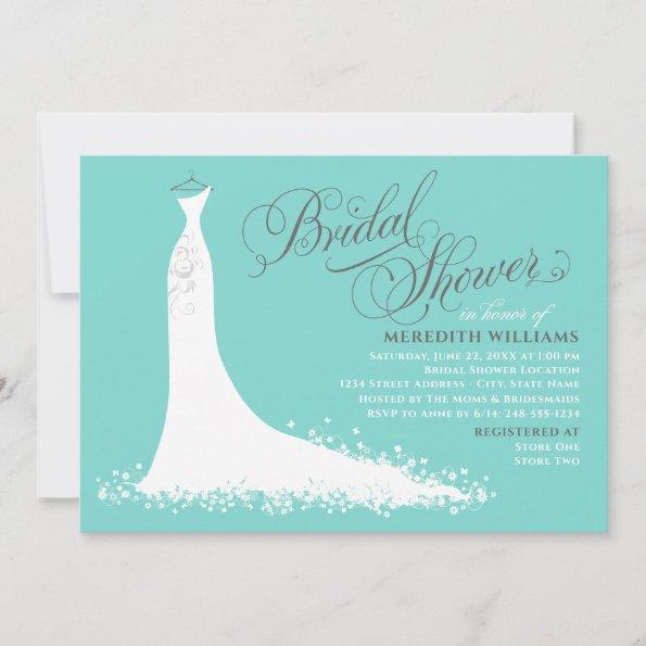 Elegant Aqua Blue Wedding Gown Bridal Shower Invitations