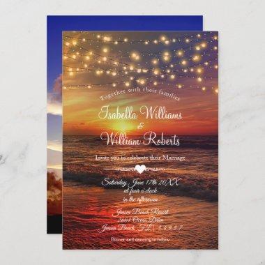 Elegant Beach String Lights Summer Wedding Photo Invitations