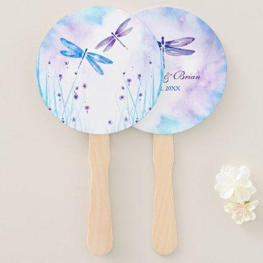Elegant Blue and Purple Watercolor Dragonfly Hand Fan