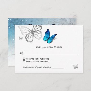 Elegant Blue Butterfly Rustic Watercolor Wedding RSVP Card