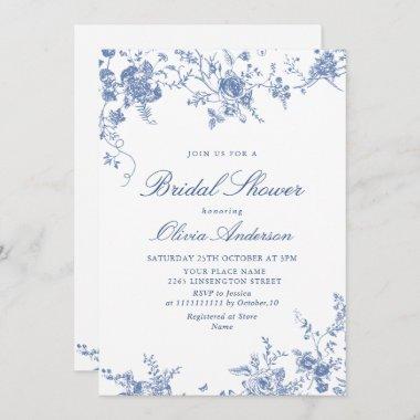 Elegant Blue French Garden BRIDAL SHOWER QR code Invitations