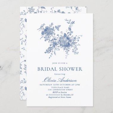 Elegant Blue French Garden Flowers BRIDAL SHOWER Invitations