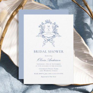 Elegant Blue French Roses Toile Bridal Shower Invitations