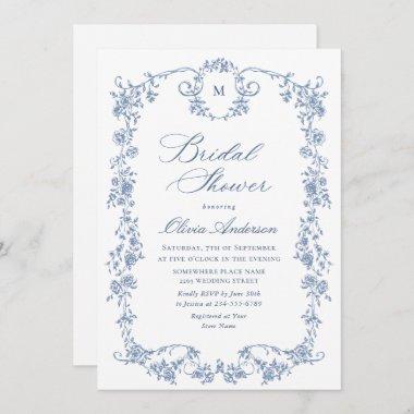 Elegant Blue French Toile Garden Bridal Shower Invitations