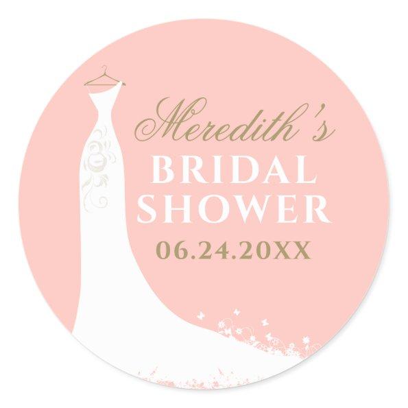 Elegant Blush and Gold Wedding Gown Bridal Shower Classic Round Sticker