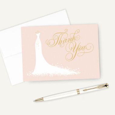 Elegant Blush and Gold Wedding Gown Bridal Shower Thank You Invitations