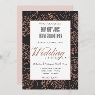 ELEGANT BLUSH PINK ROSE GOLD BLACK FLORAL WEDDING Invitations
