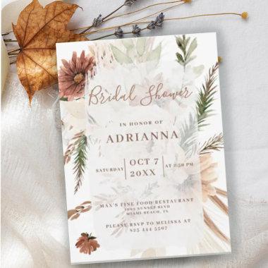 Elegant Bohemian Pampas Wedding Bridal Shower Invitations