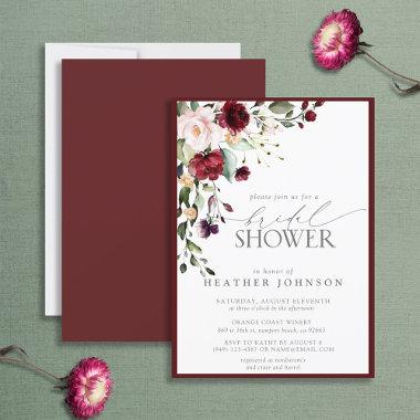 Elegant Burgundy Floral Watercolor Bridal Shower Invitations